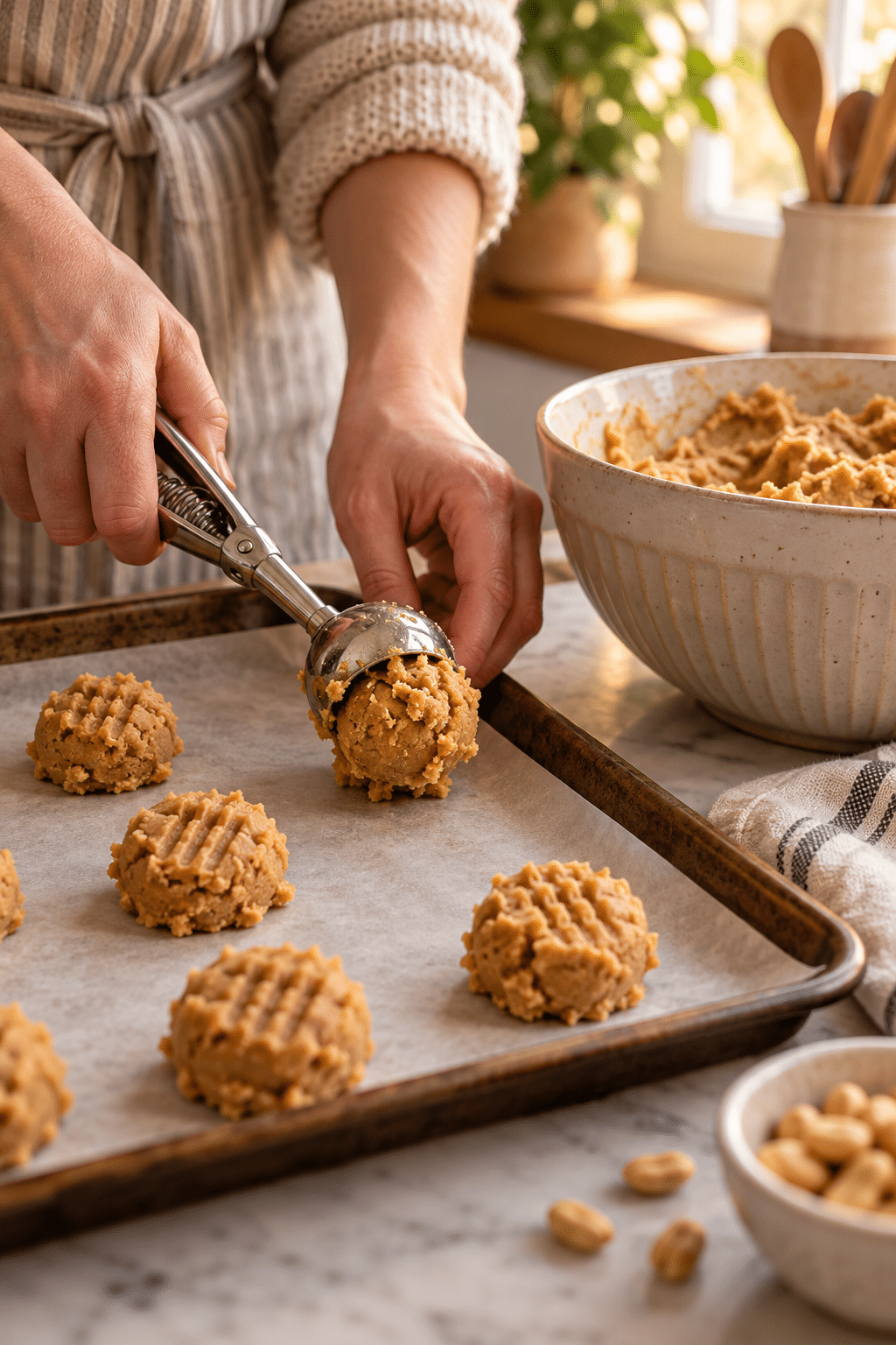 Scooping chewy peanut butter cookie dough