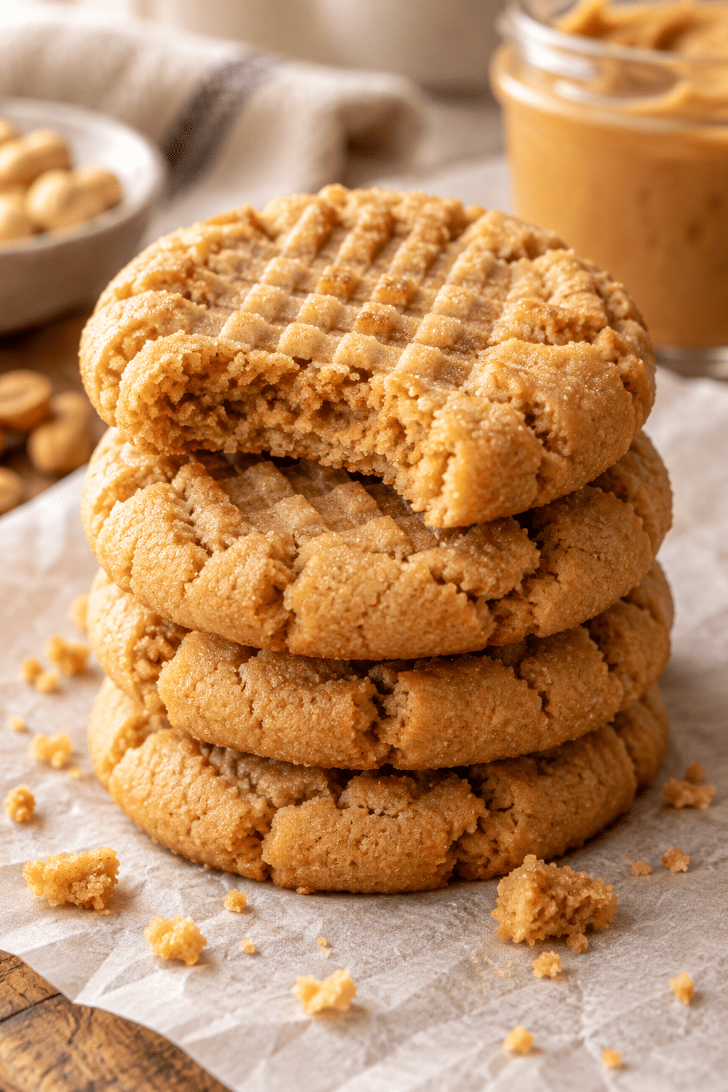 Stack of chewy peanut butter cookies