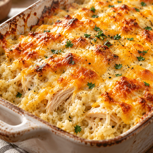 Chicken cauliflower rice casserole with creamy cheddar topping