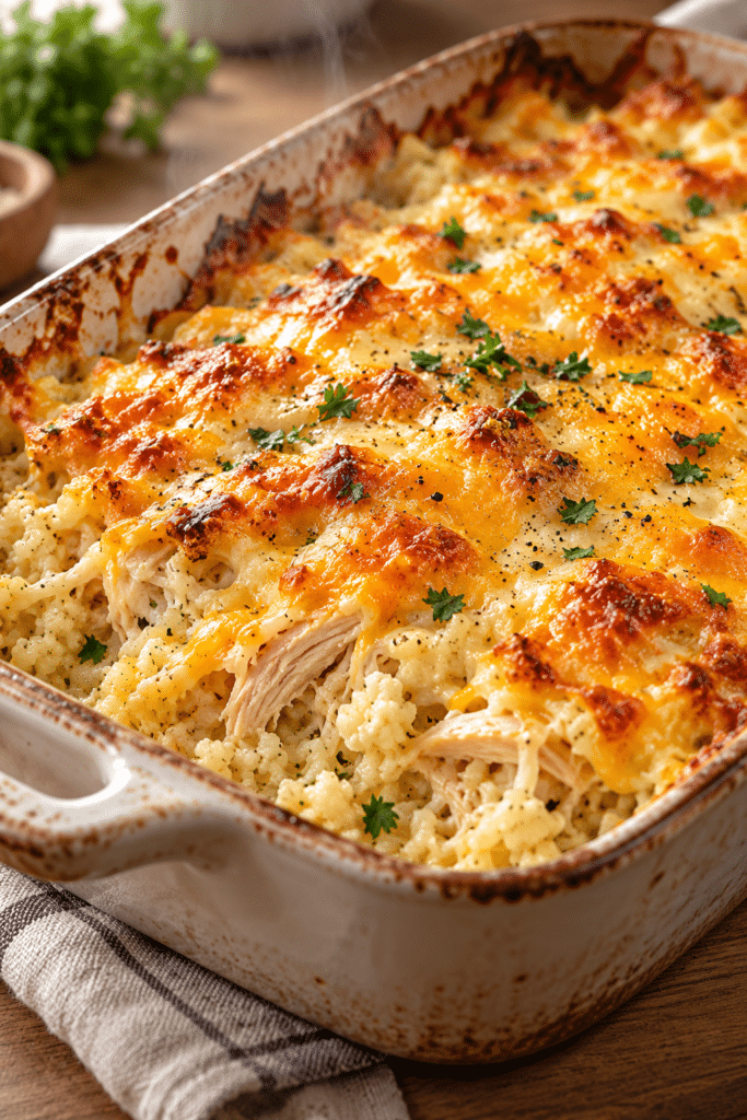 Chicken cauliflower rice casserole with creamy cheddar topping