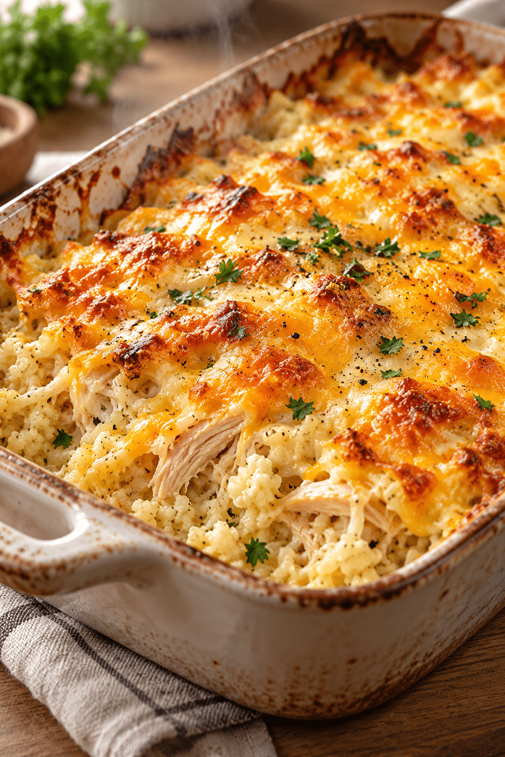 Chicken cauliflower rice casserole with creamy cheddar topping
