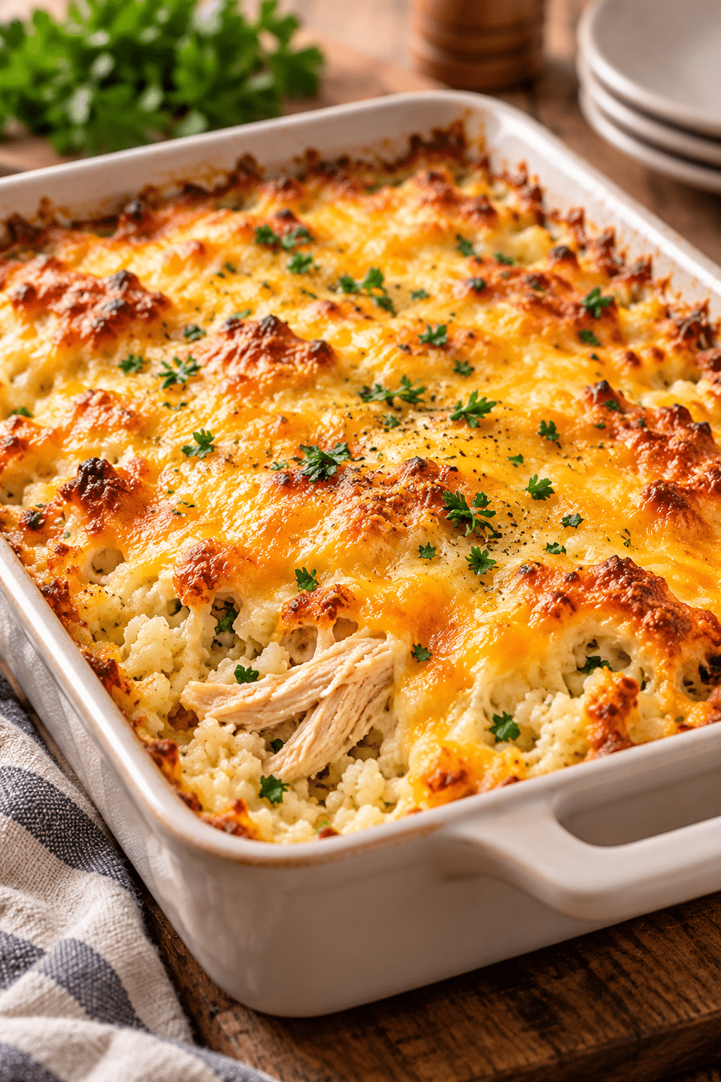 Bubbly chicken cauliflower rice casserole ready to serve