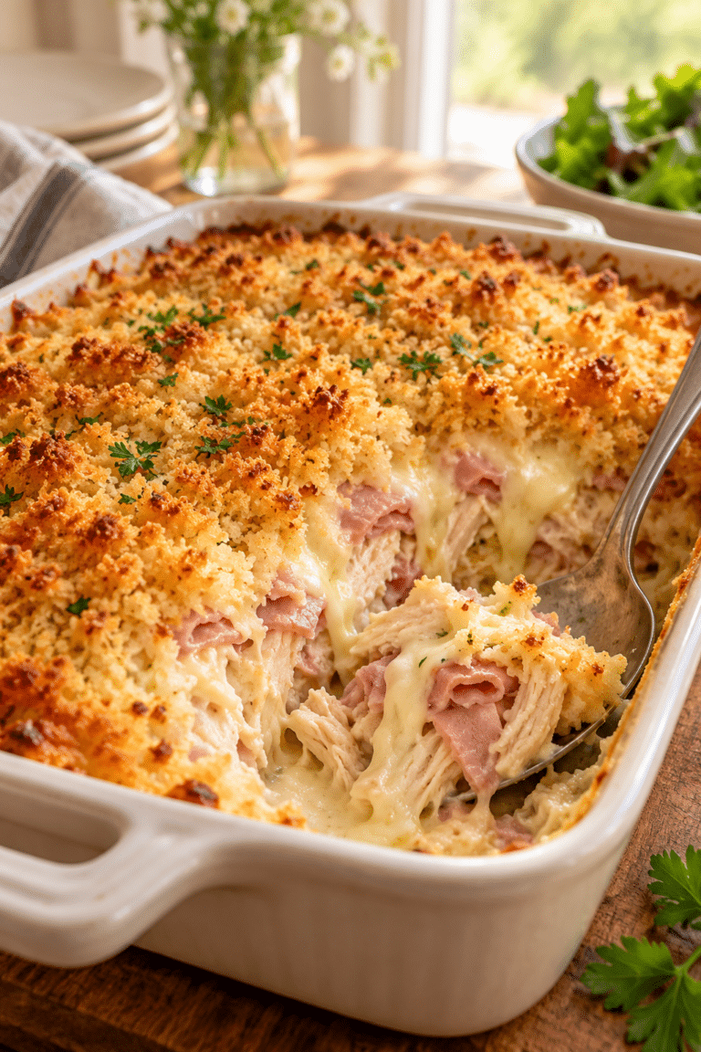 Chicken cordon bleu casserole with golden breadcrumb topping
