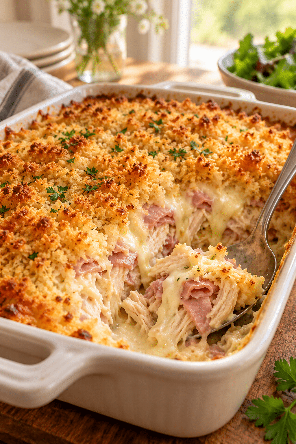 Chicken cordon bleu casserole with golden breadcrumb topping