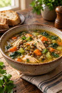 Chicken lentil soup with chicken, lentils, and greens