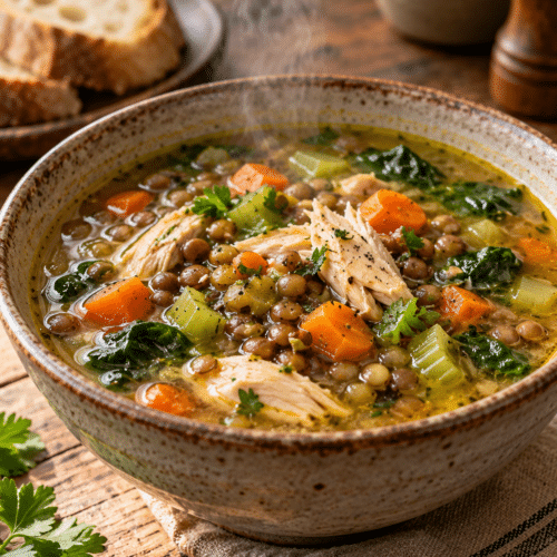 Chicken lentil soup with chicken, lentils, and greens