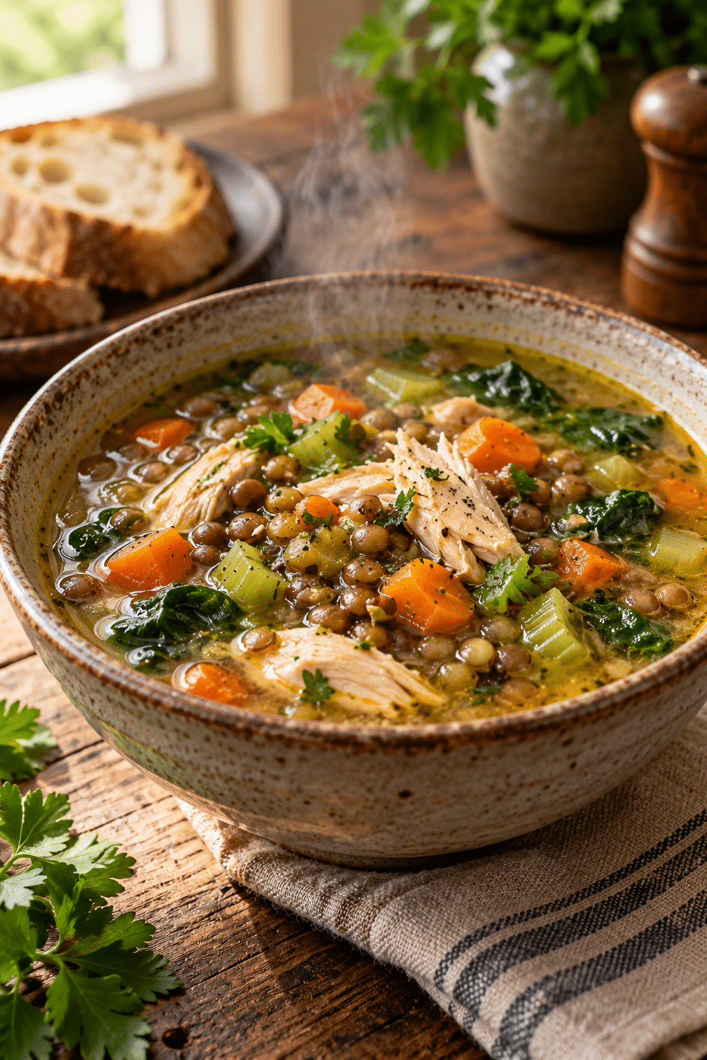 Chicken lentil soup with chicken, lentils, and greens