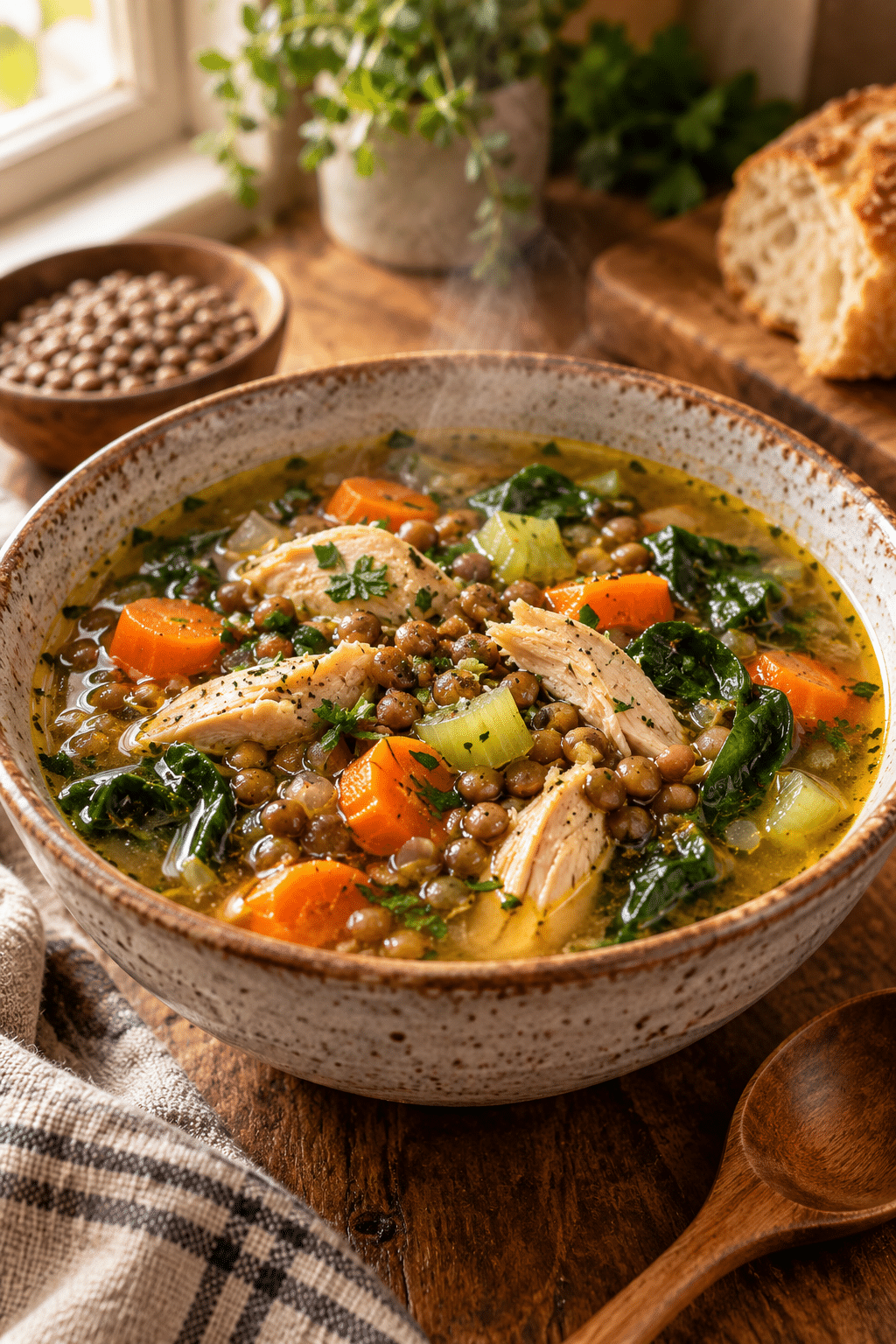 Chicken lentil soup simmering with lentils and vegetables