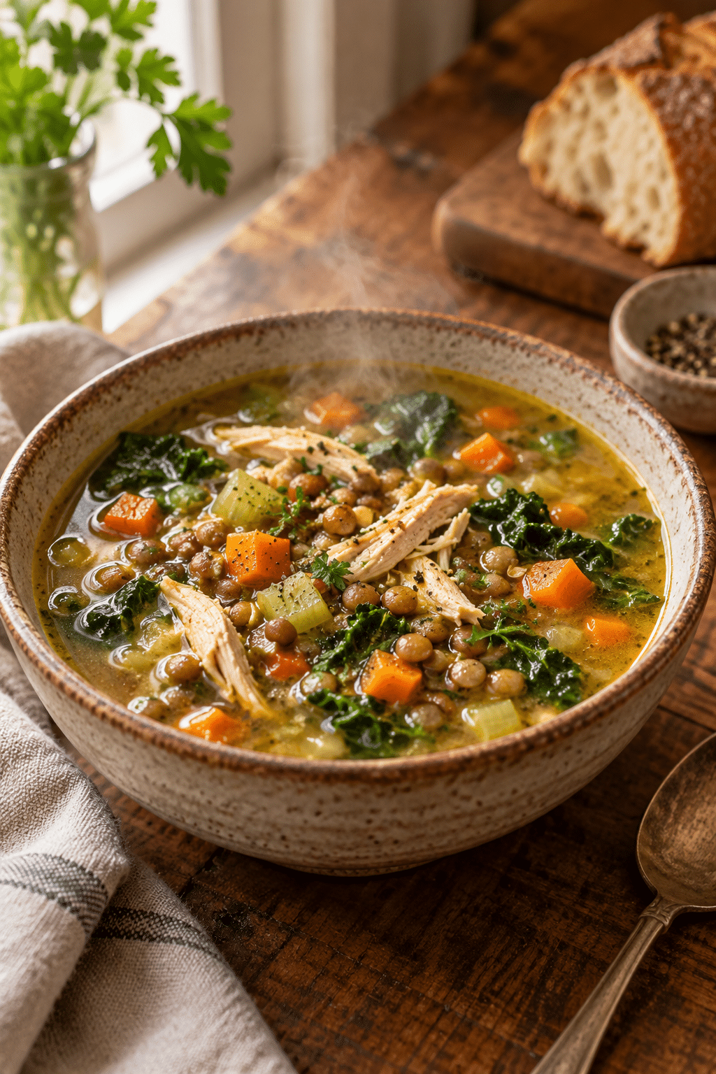 A warm bowl of finished chicken lentil soup