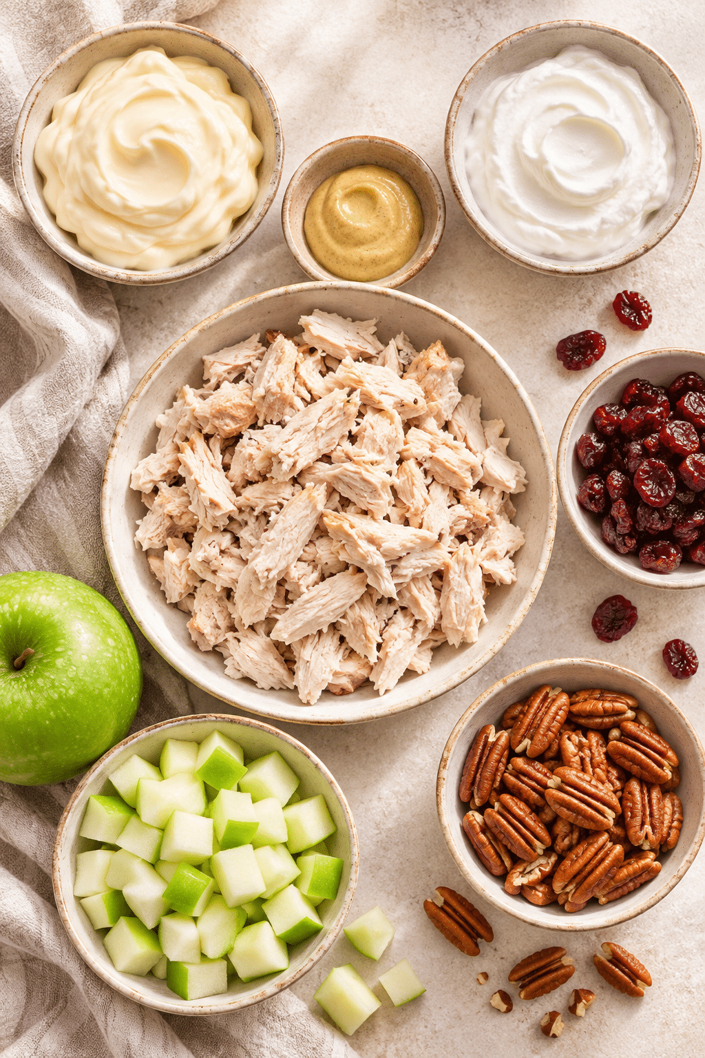 Ingredients for chicken salad with chicken, apple, cranberries, and pecans