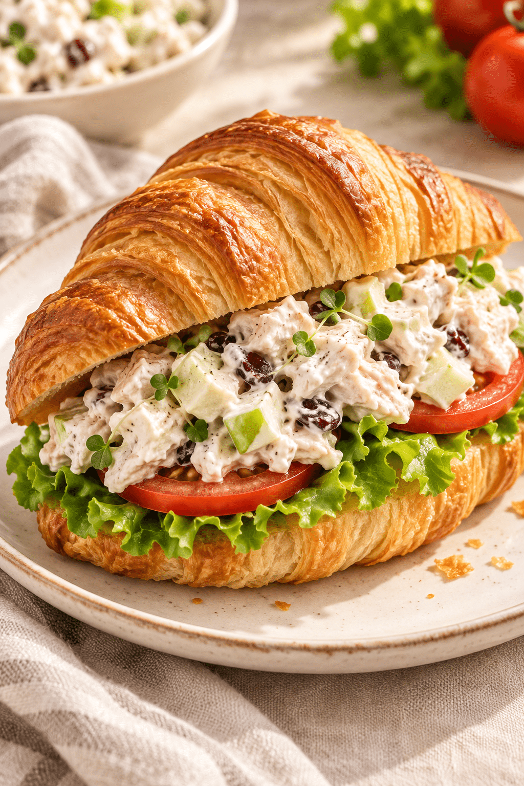 Chicken salad served on a croissant with lettuce and tomato