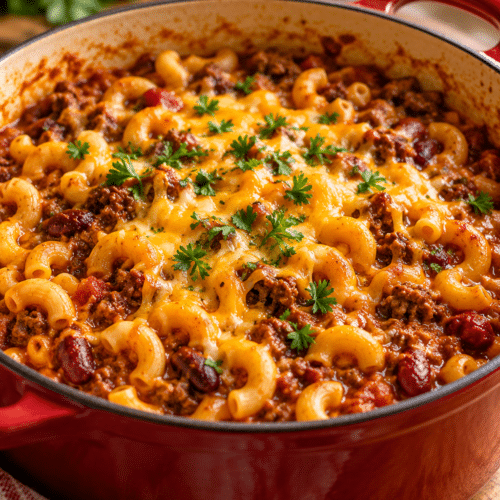 Chili mac with beef and melted cheddar