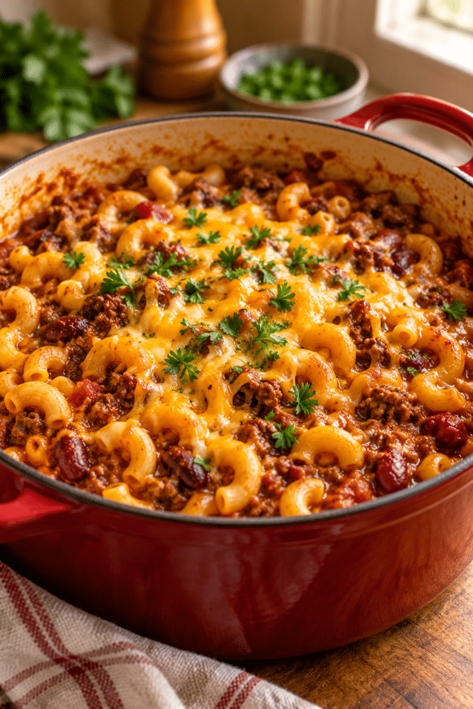 Chili mac with beef and melted cheddar