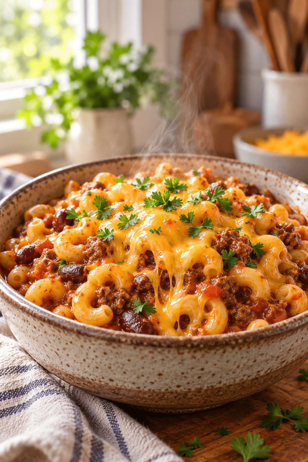 Finished chili mac with melted cheddar