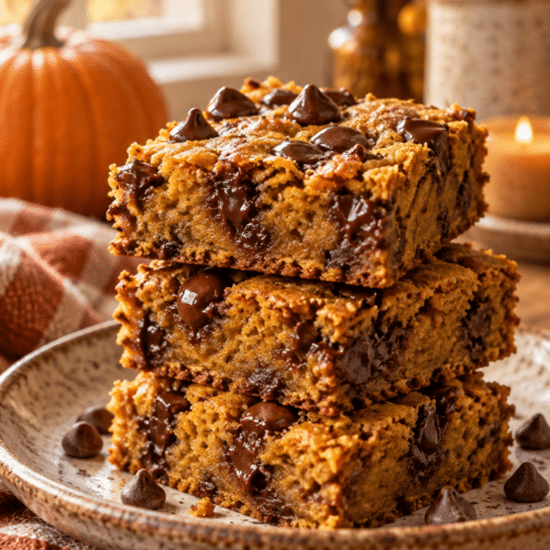 Chocolate chip pumpkin bars stacked on a plate