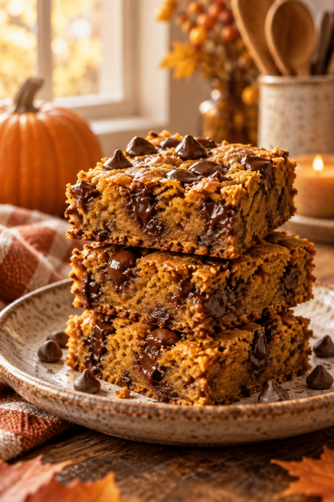 Chocolate chip pumpkin bars stacked on a plate