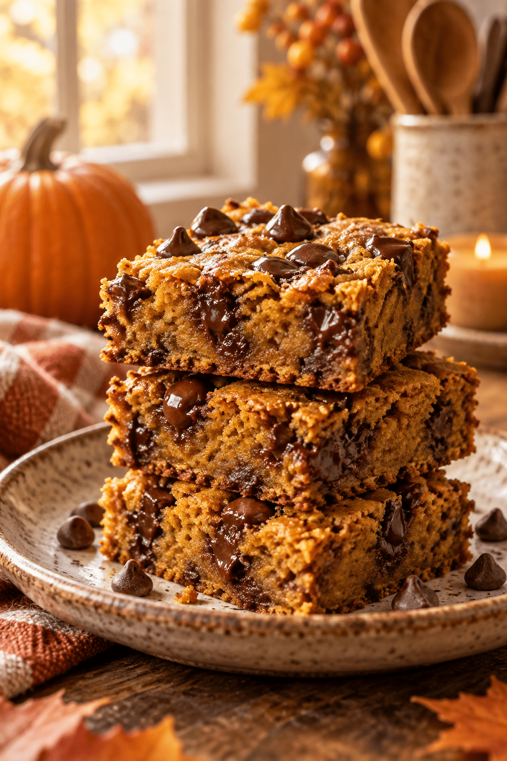 Chocolate chip pumpkin bars stacked on a plate