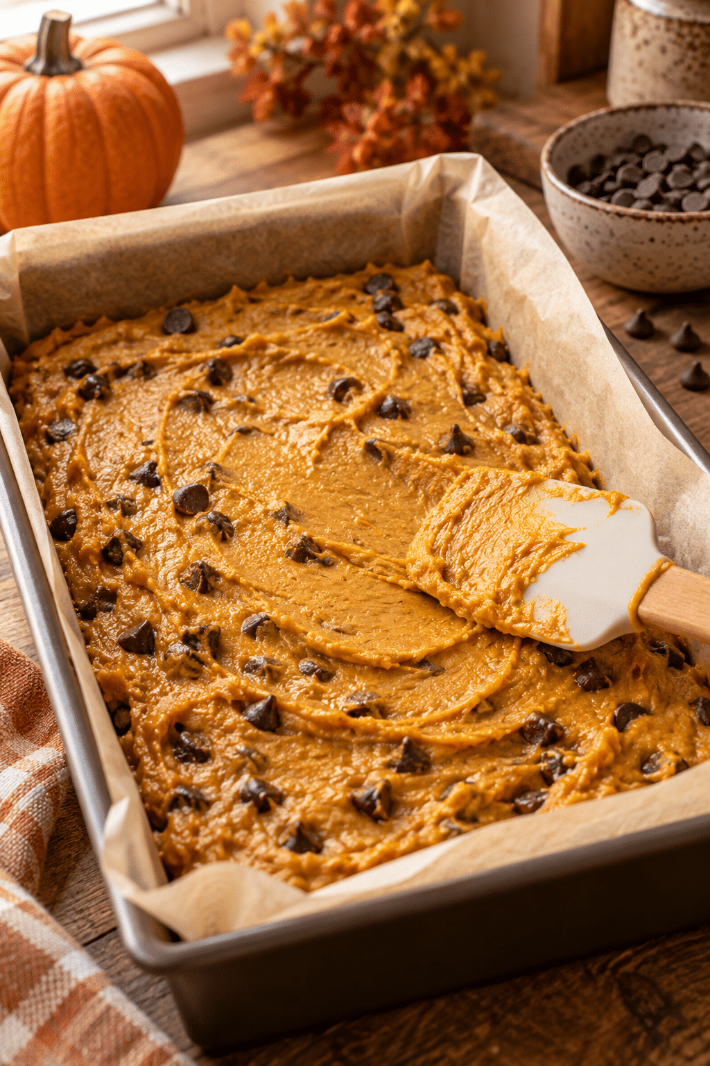 Pumpkin bar batter spread in a baking pan