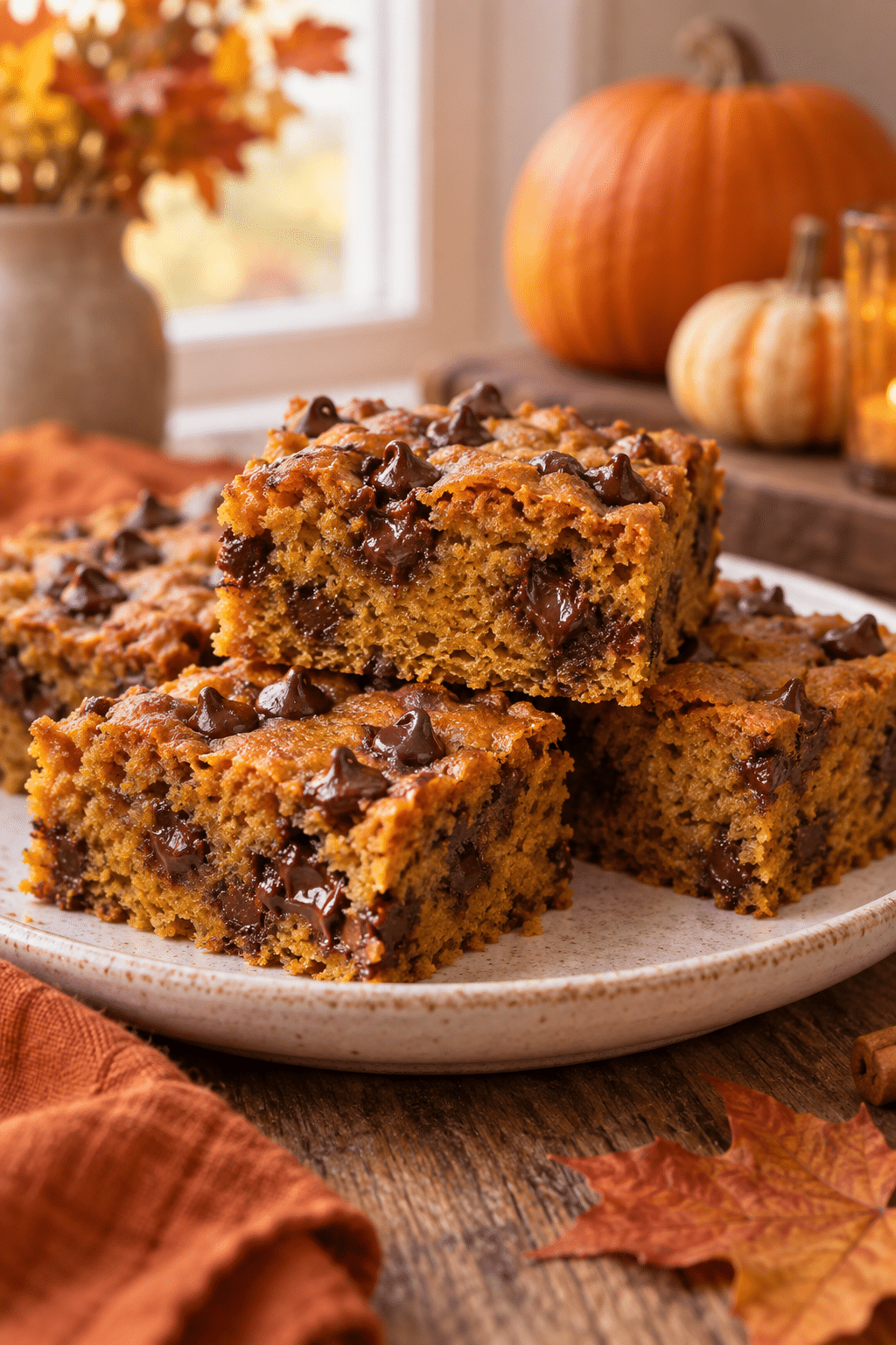 Sliced chocolate chip pumpkin bars ready to serve