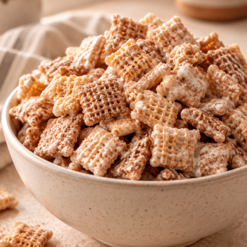 churro chex mix in a bowl