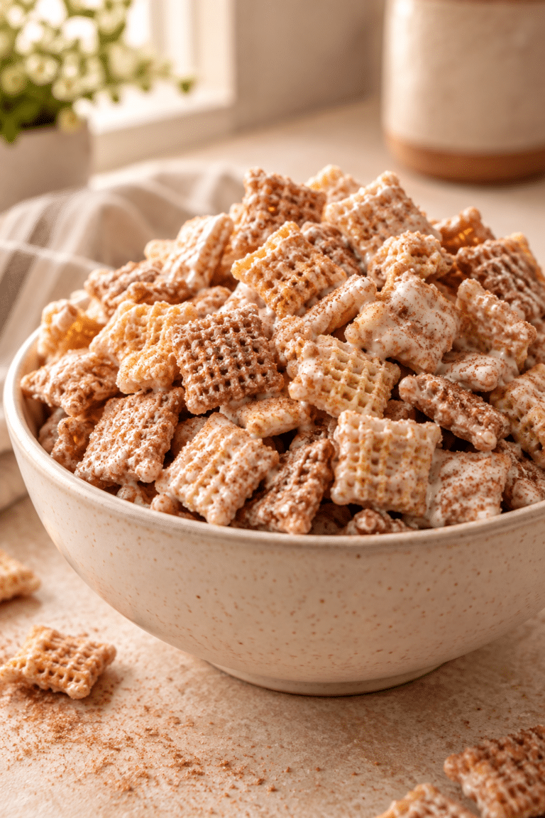 churro chex mix in a bowl