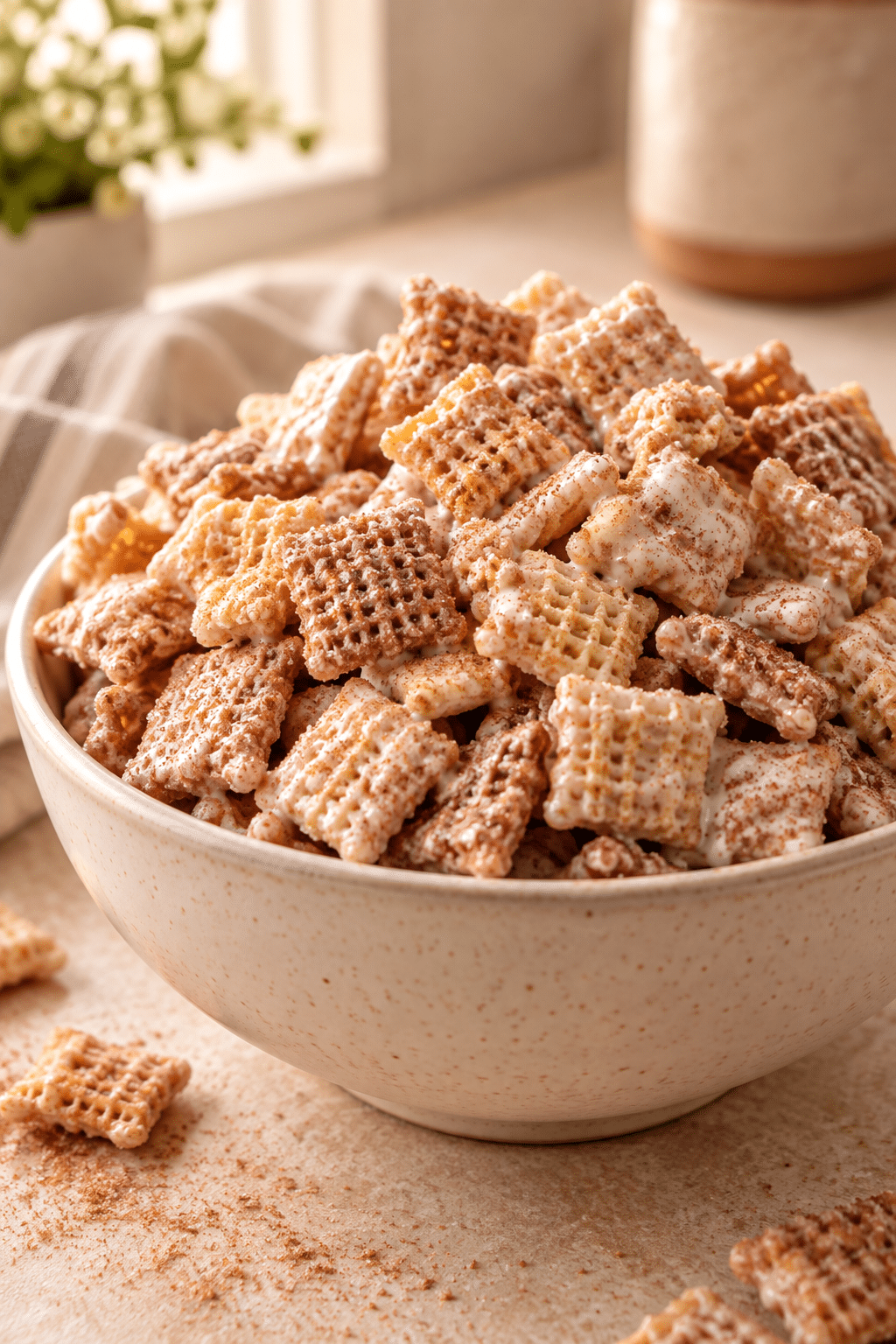 churro chex mix in a bowl
