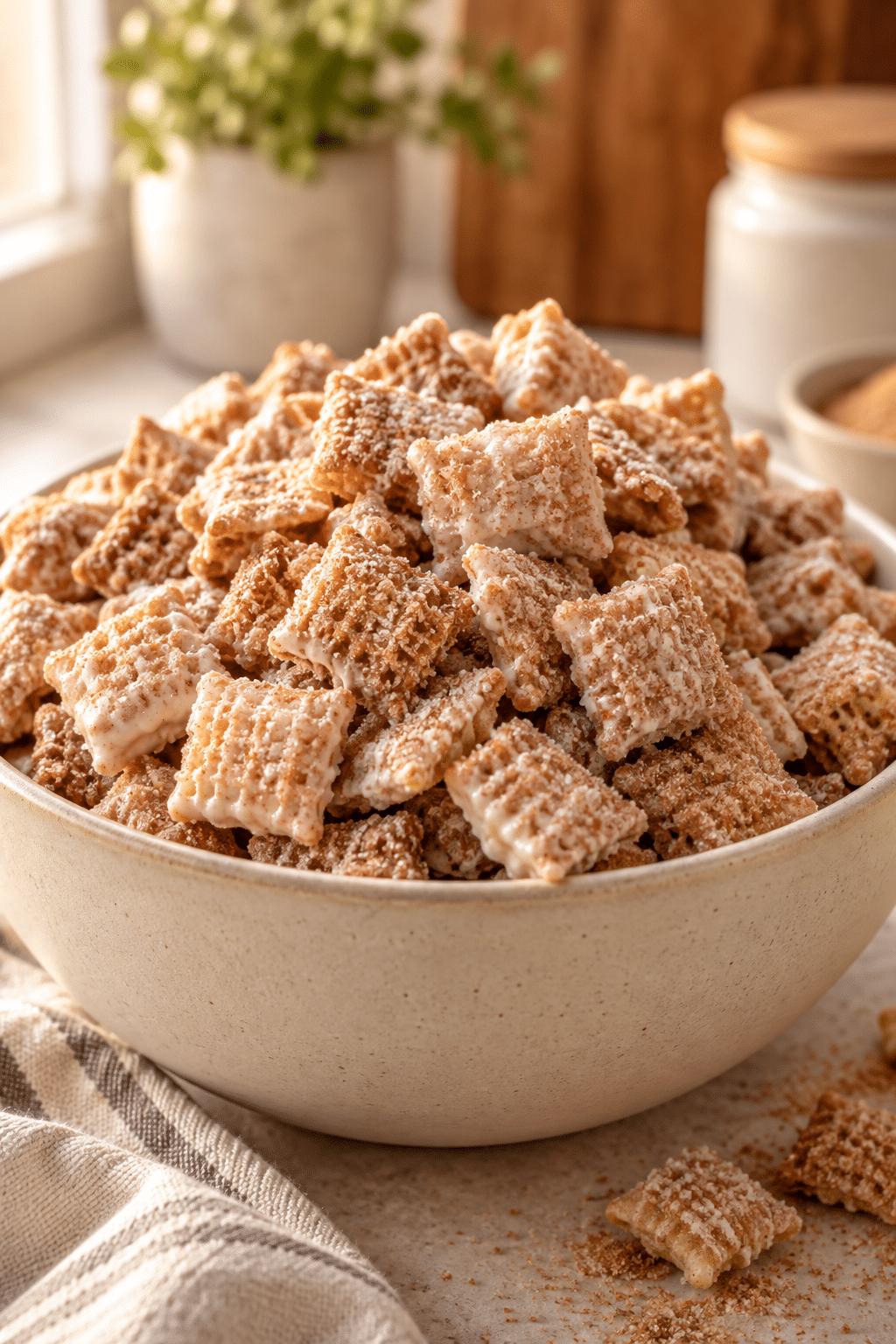 Coating churro chex mix
