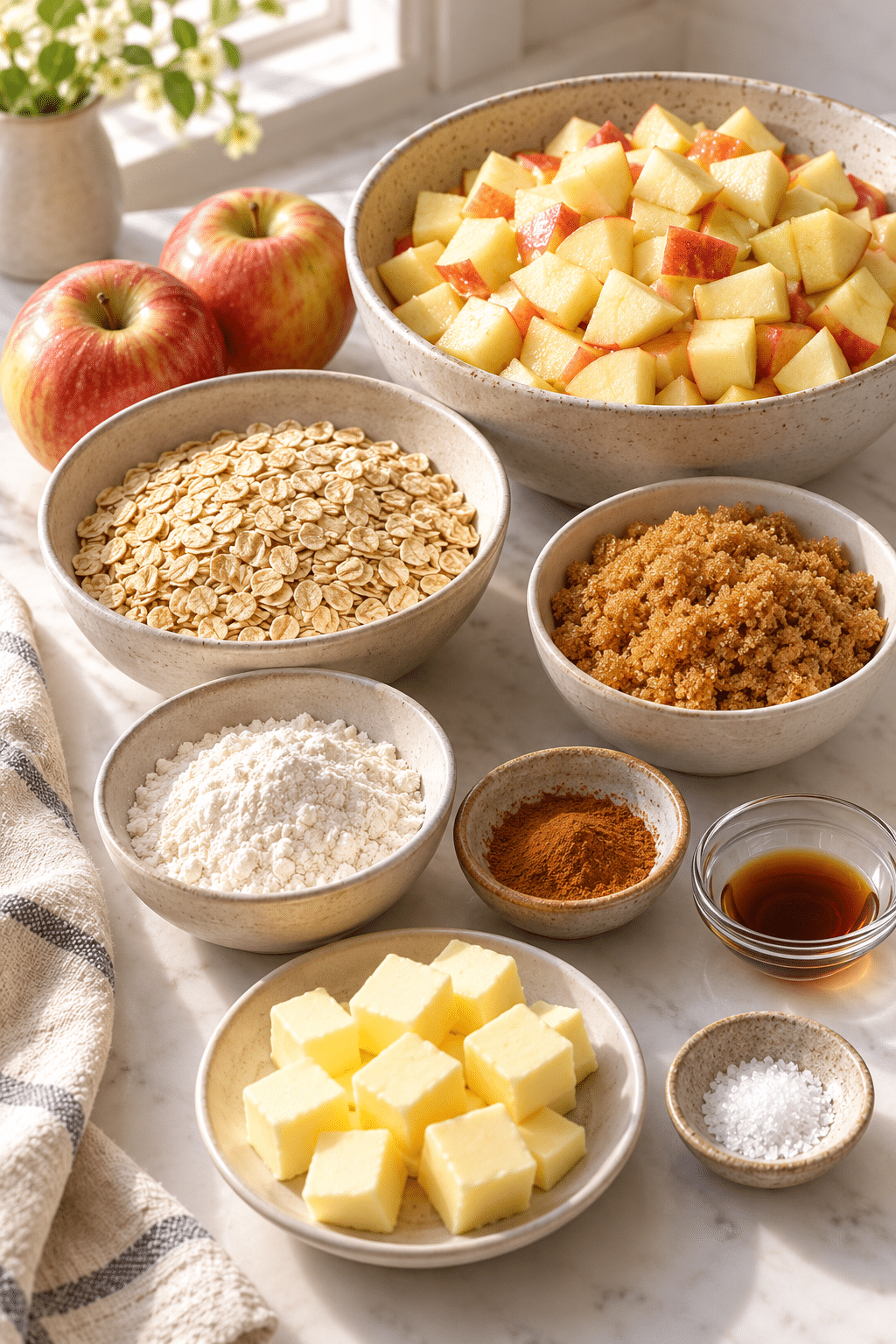 apple crisp ingredients arranged for baking
