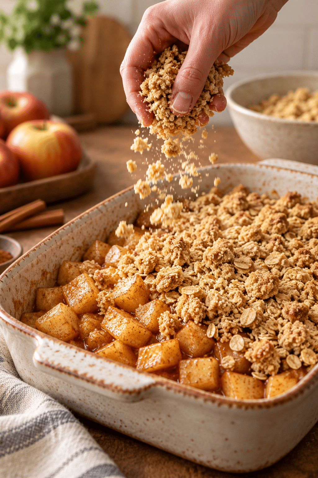 apple crisp apples and crumble being layered