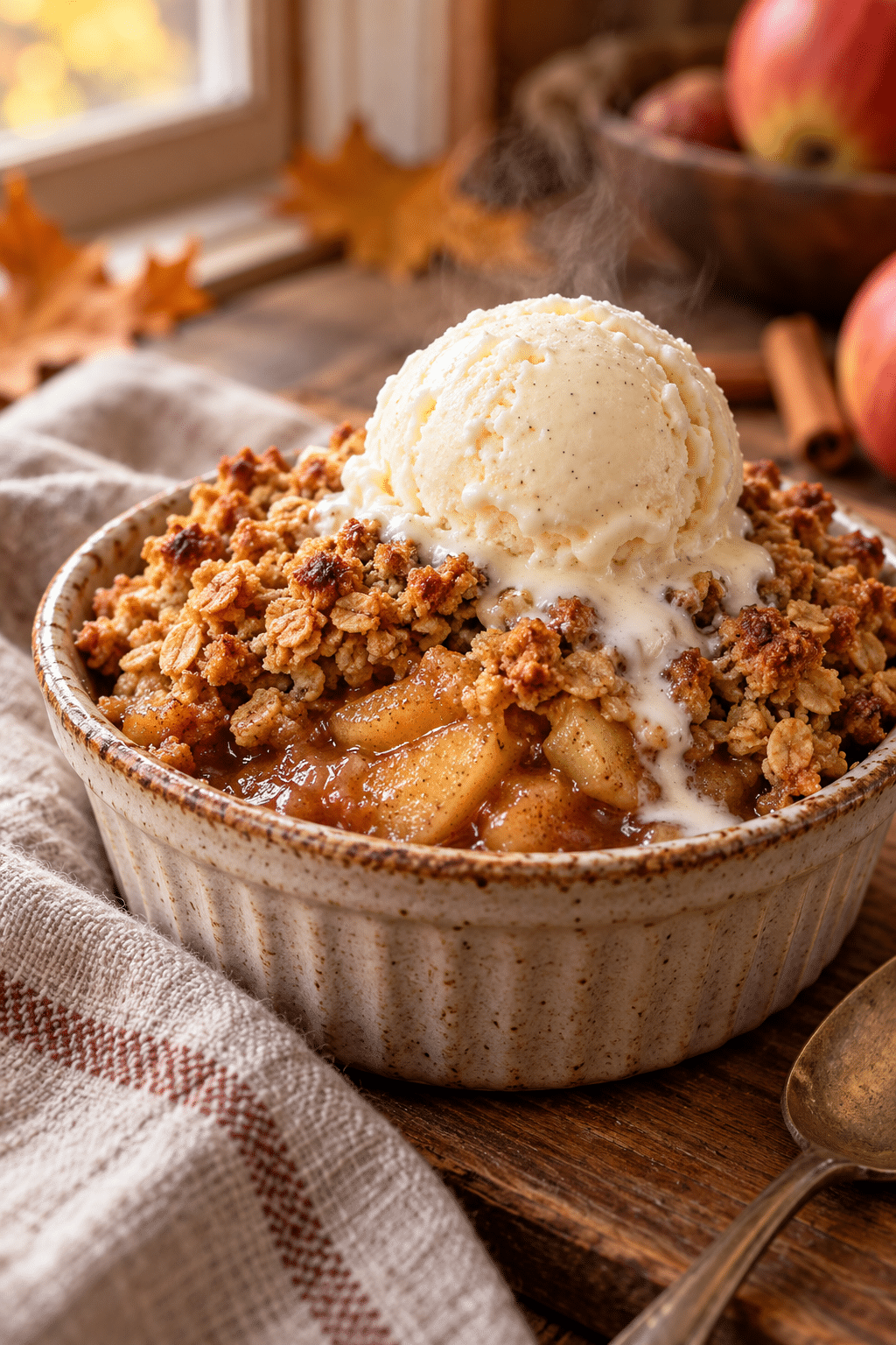 warm apple crisp served with vanilla ice cream