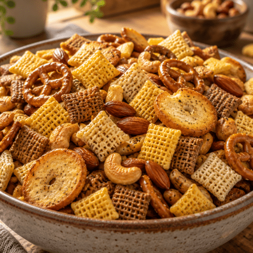 chex mix recipes in a serving bowl