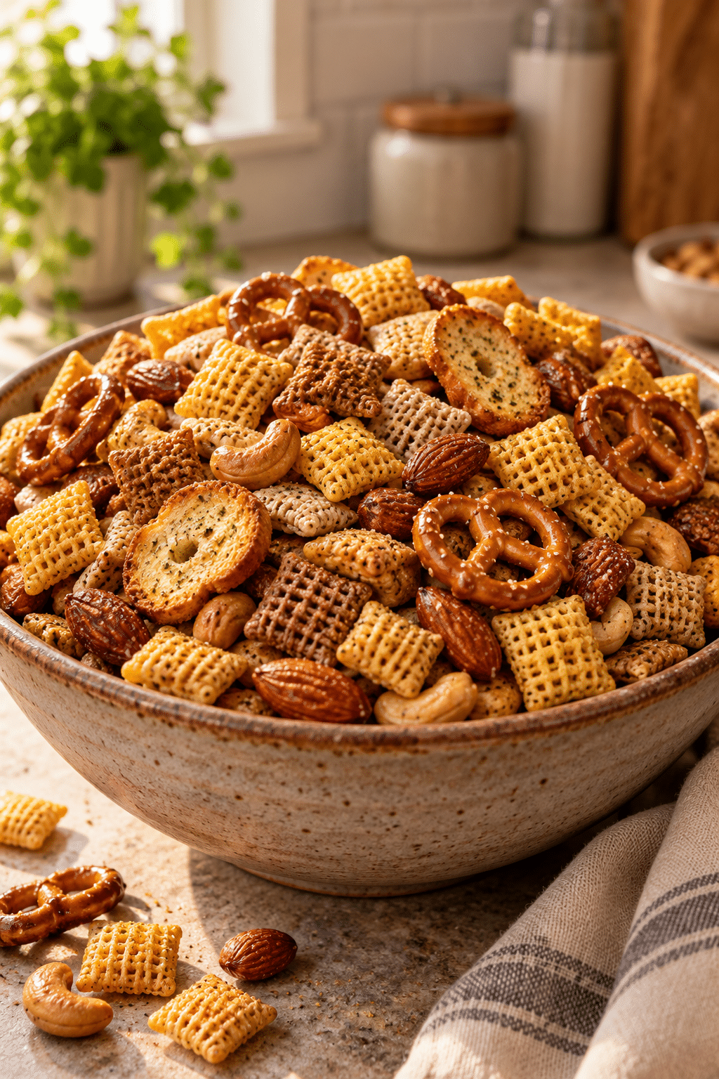 chex mix recipes ingredients arranged for mixing
