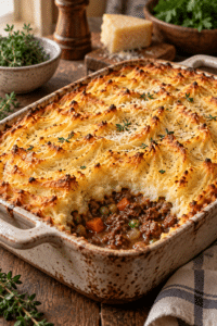 classic shepherd's pie with golden Parmesan potato topping