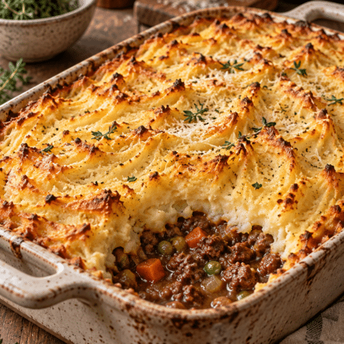classic shepherd's pie with golden Parmesan potato topping