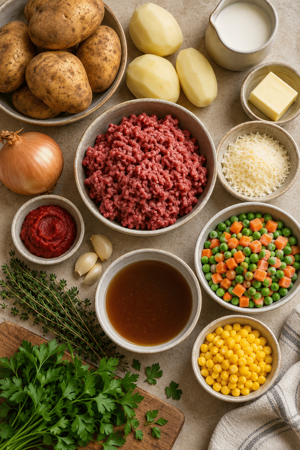 classic shepherd's pie ingredients measured and arranged