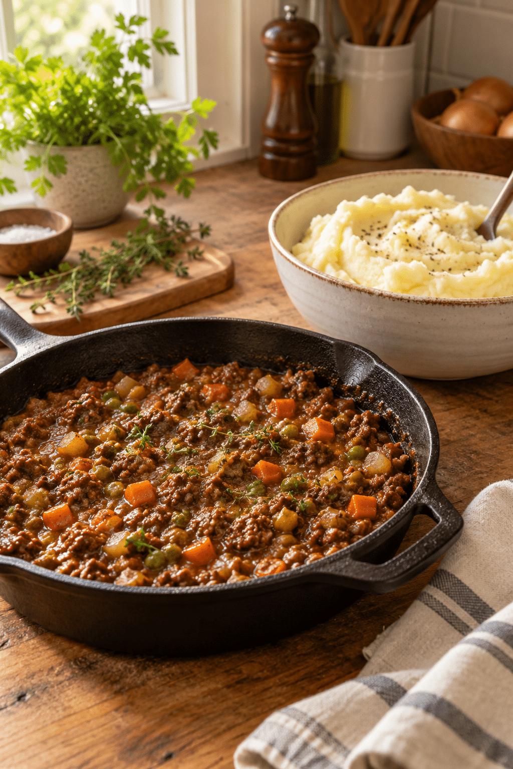 classic shepherd's pie filling and potato topping being prepared