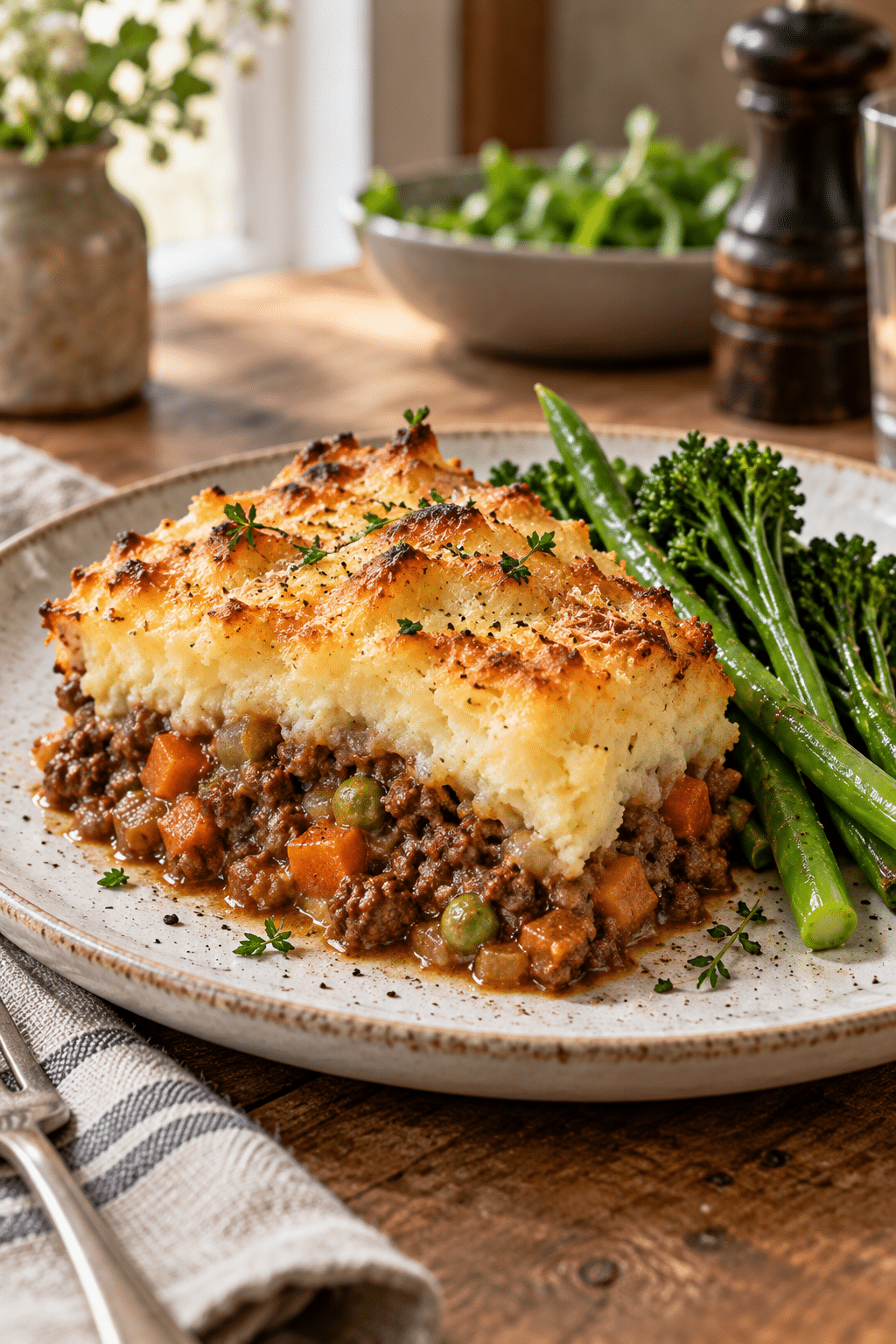 baked classic shepherd's pie served with a golden potato topping