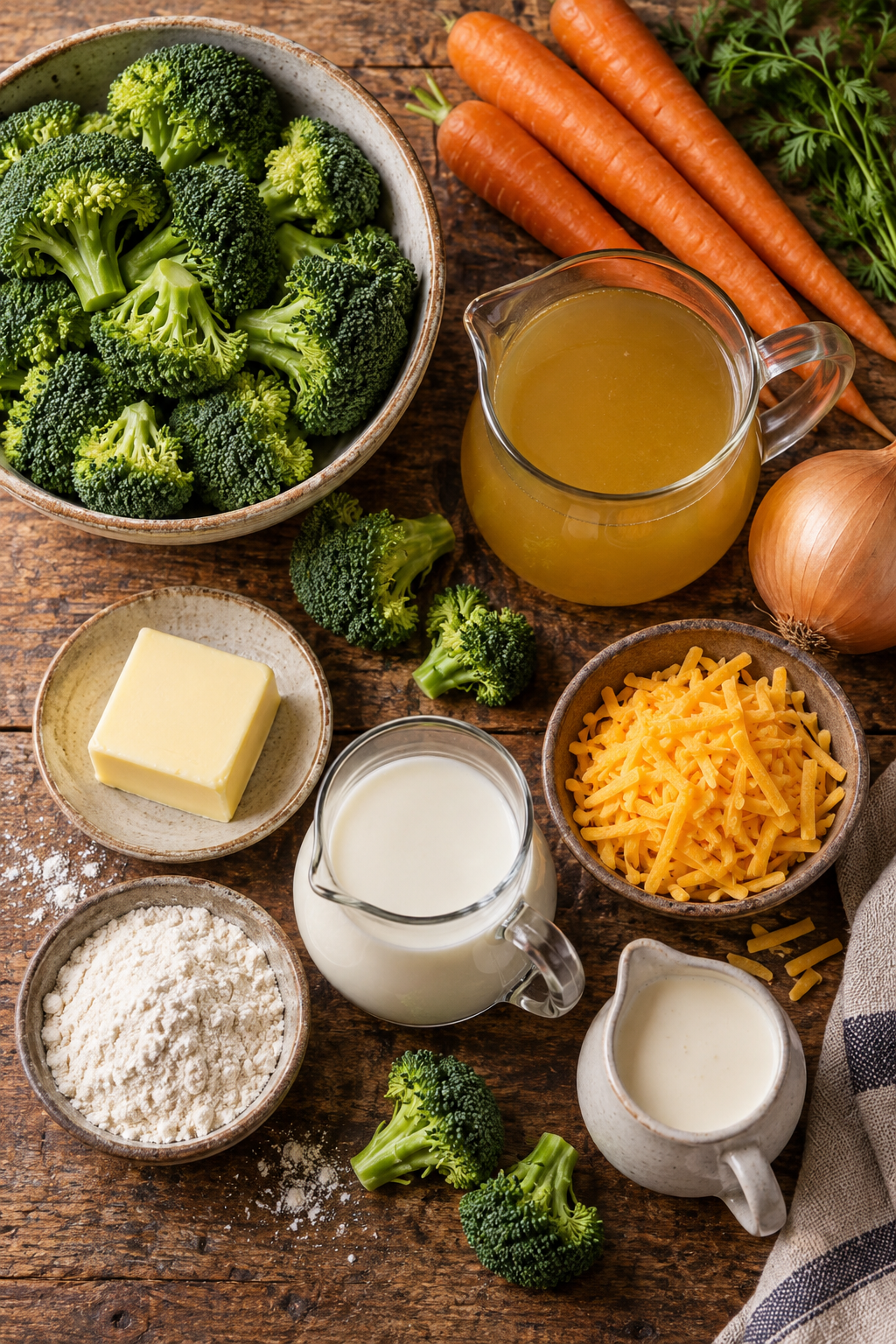 broccoli cheese soup ingredients arranged