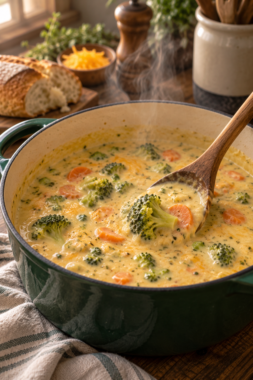 broccoli cheese soup simmering in a pot