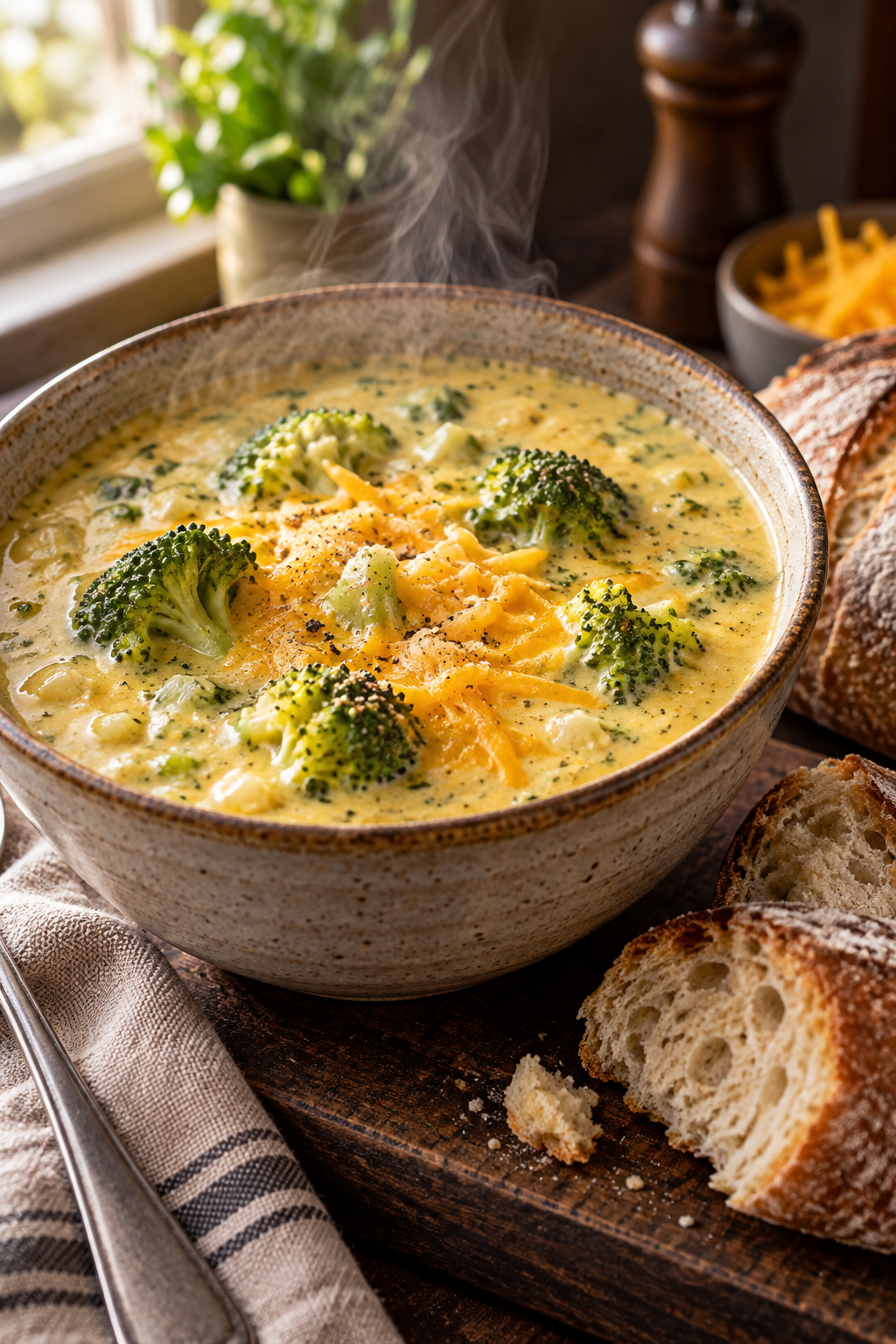 broccoli cheese soup served with bread