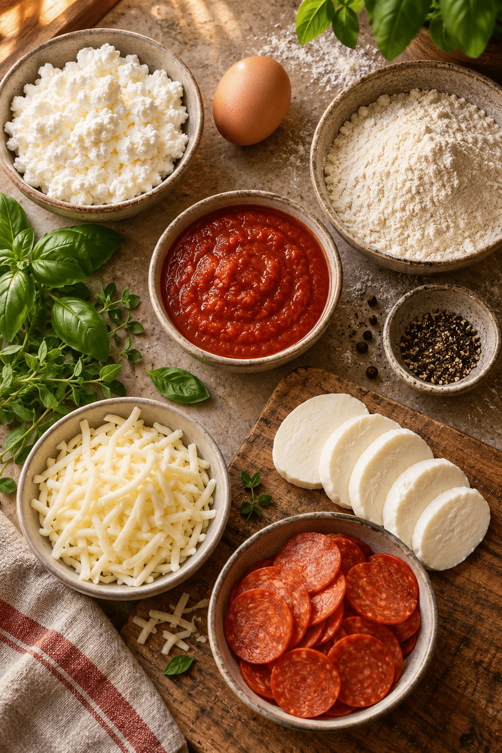 Cottage cheese pizza snacks ingredients measured and arranged
