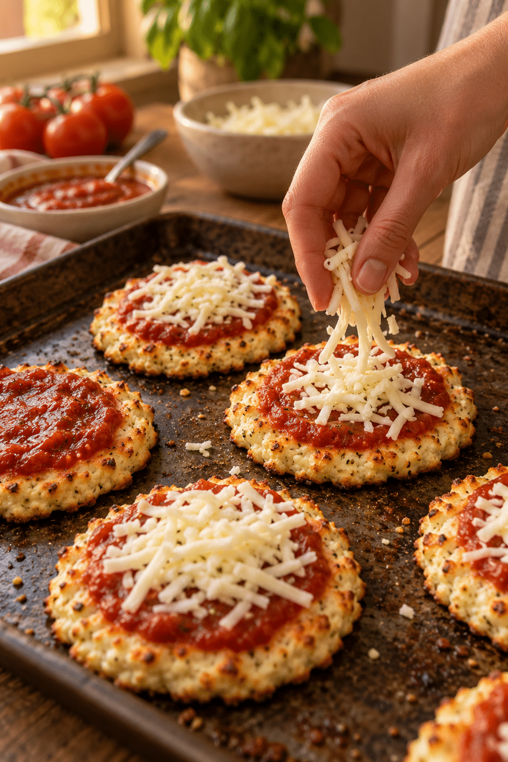 Cottage cheese pizza snacks bases topped with sauce and cheese