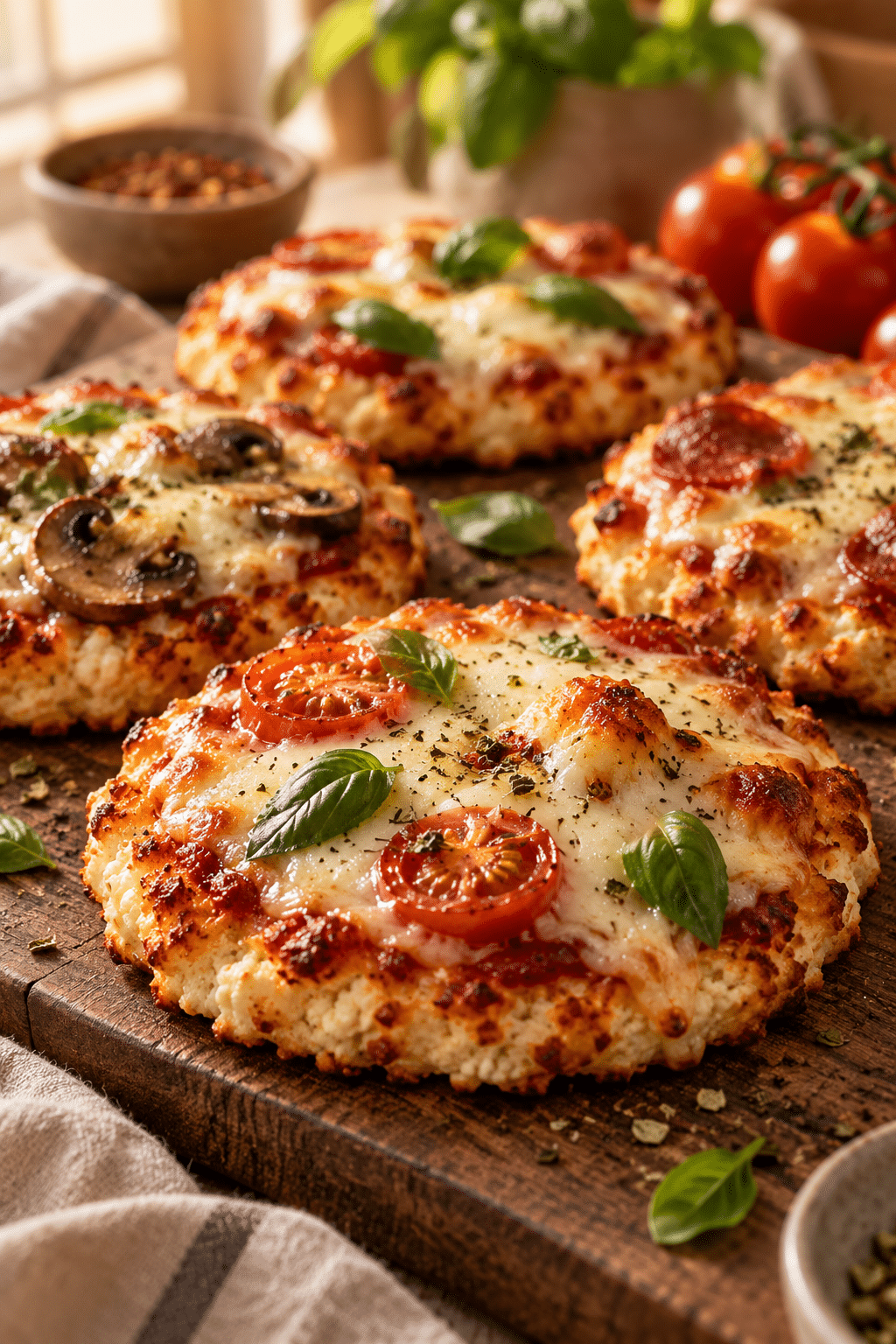 Cottage cheese pizza snacks with melted mozzarella ready to serve