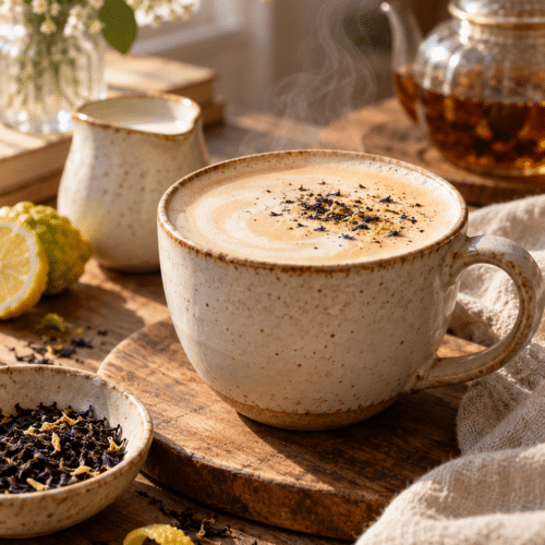 Cozy Earl Grey tea latte in a warm mug