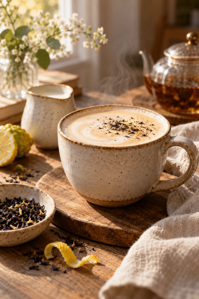 Cozy Earl Grey tea latte in a warm mug