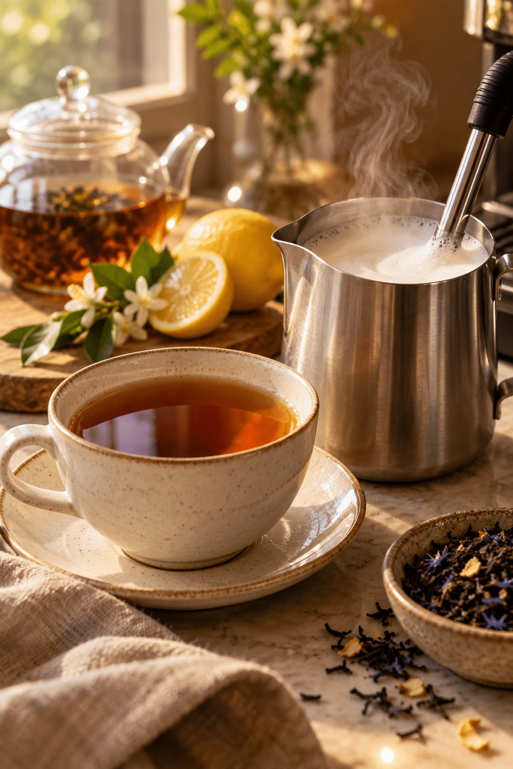 Steaming milk for an Earl Grey tea latte