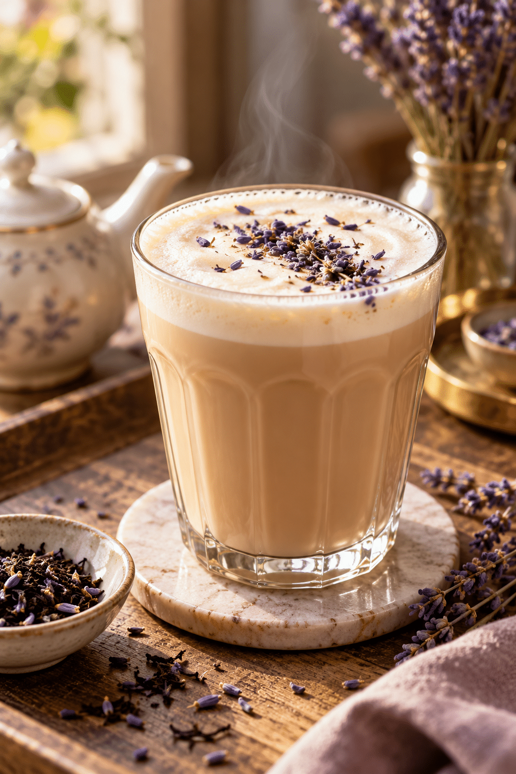 Finished Earl Grey tea latte with foam