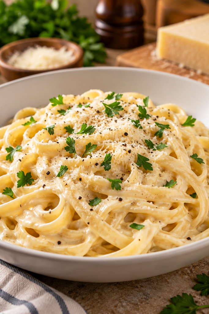 fettuccine alfredo with creamy Parmesan sauce