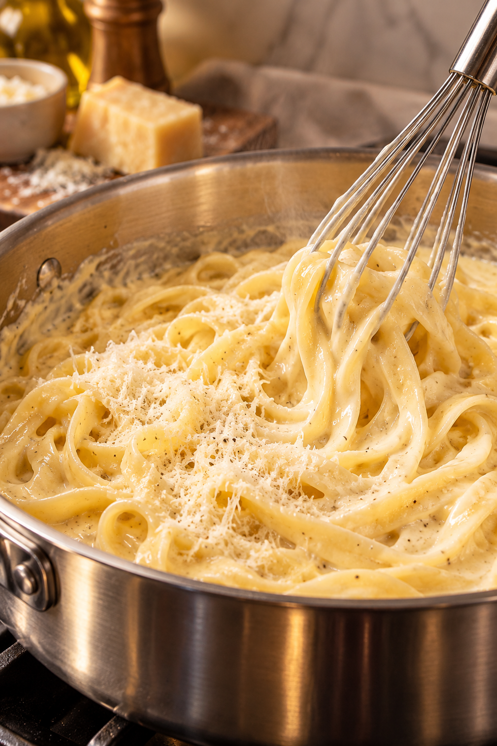 fettuccine alfredo sauce being whisked