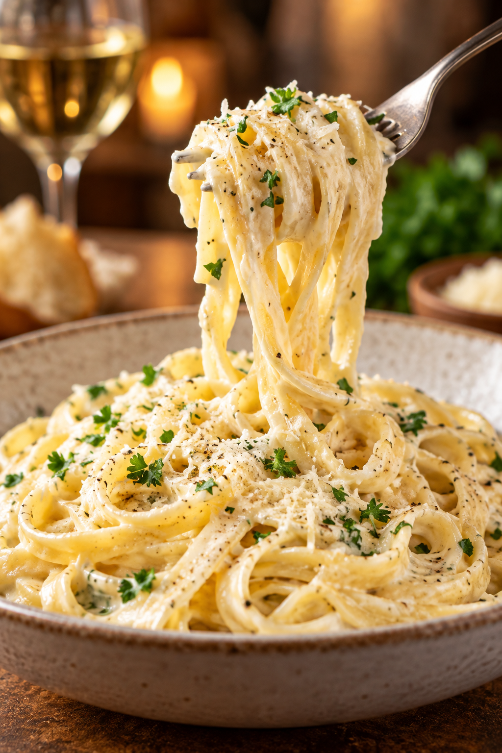 fettuccine alfredo served with Parmesan